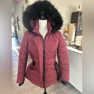 ✨NEW MK Michaels Maroon Puffer Jacket with Faux Fur Hood